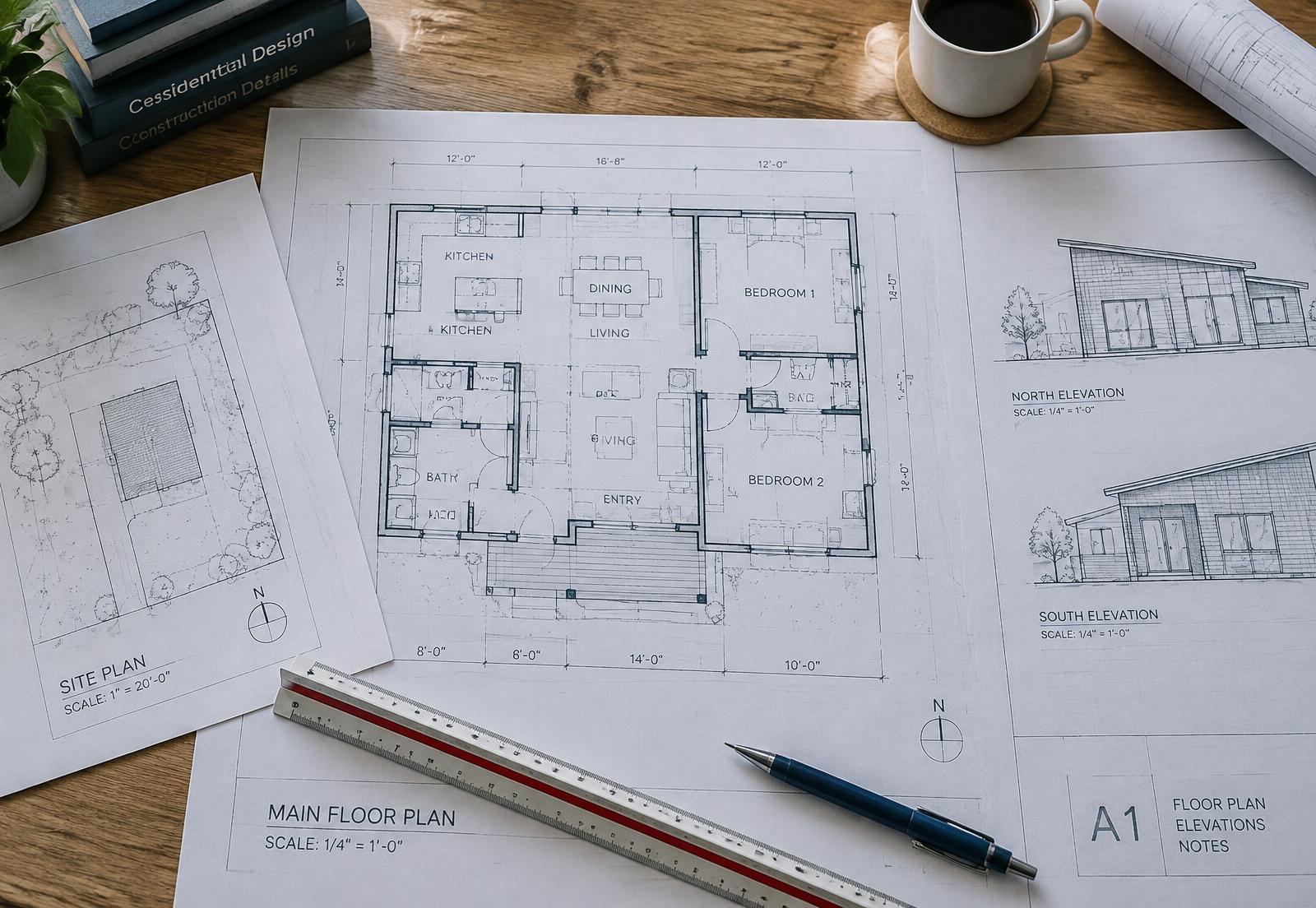 Construction drawings, floor plans and elevations on a drafting table