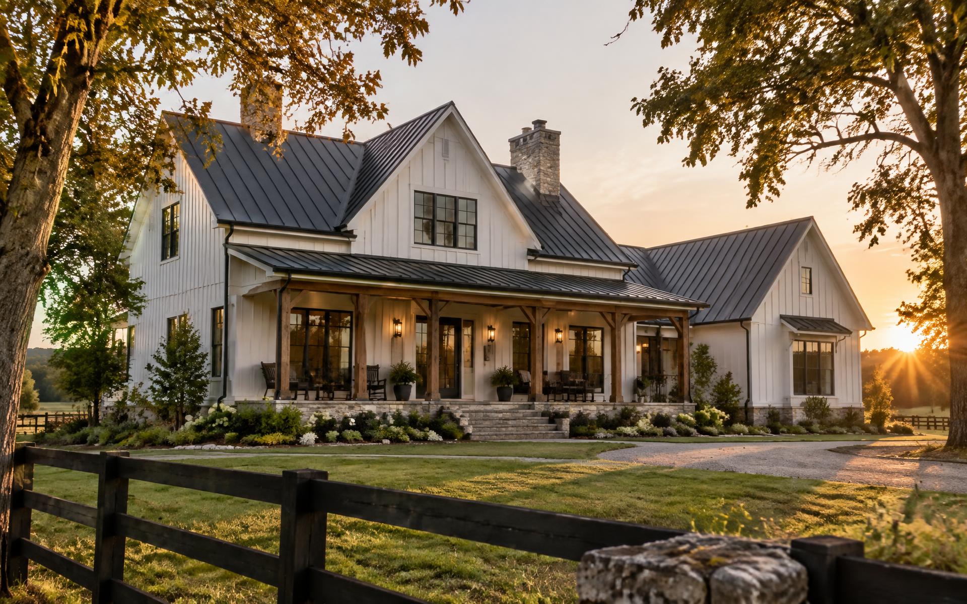 Custom Kentucky farmhouse designed by By Design at sunset