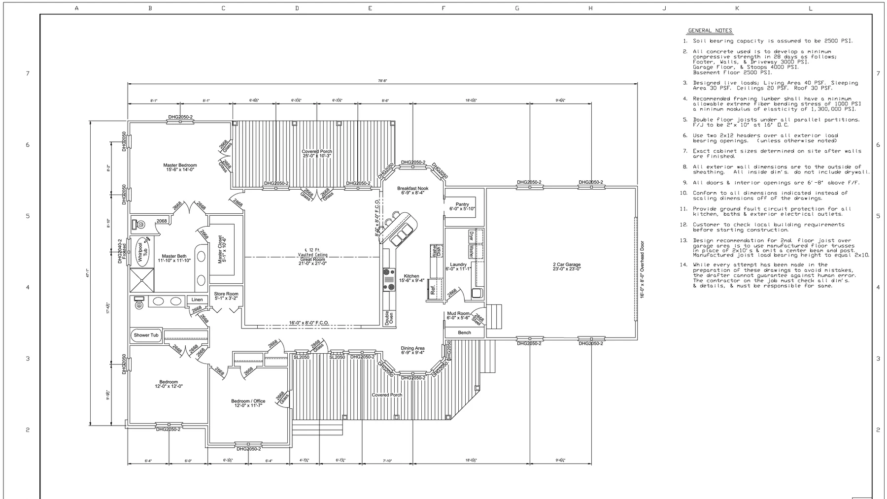 First-floor plan drawing for House Plan 64